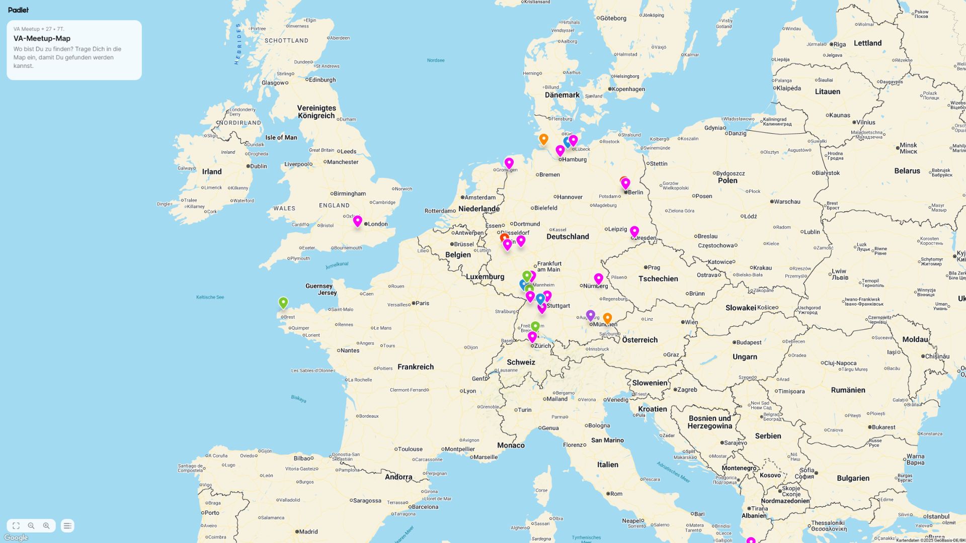 Screenshot der VA-Meetup-Map. Es ist eine Landkarte mit einigen Markierungen. Es ist hauptsächlich Europa zu sehen.