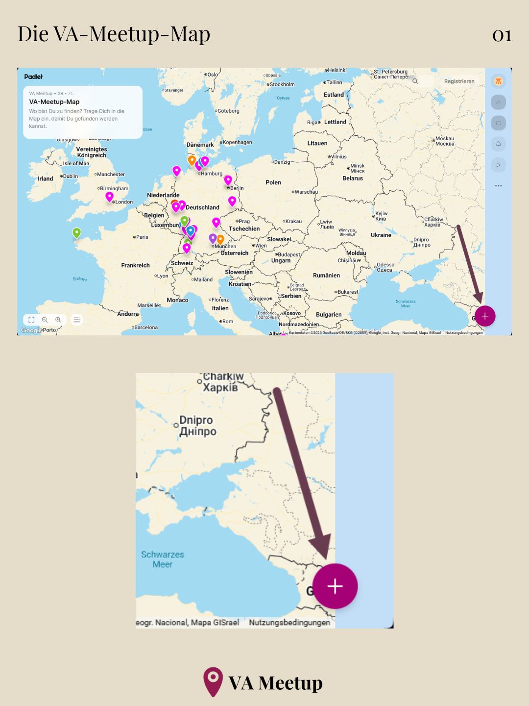Screenshot der VA-Meetup-Map mit Hinweis, wo sich der Hinzufügen-Button befindet